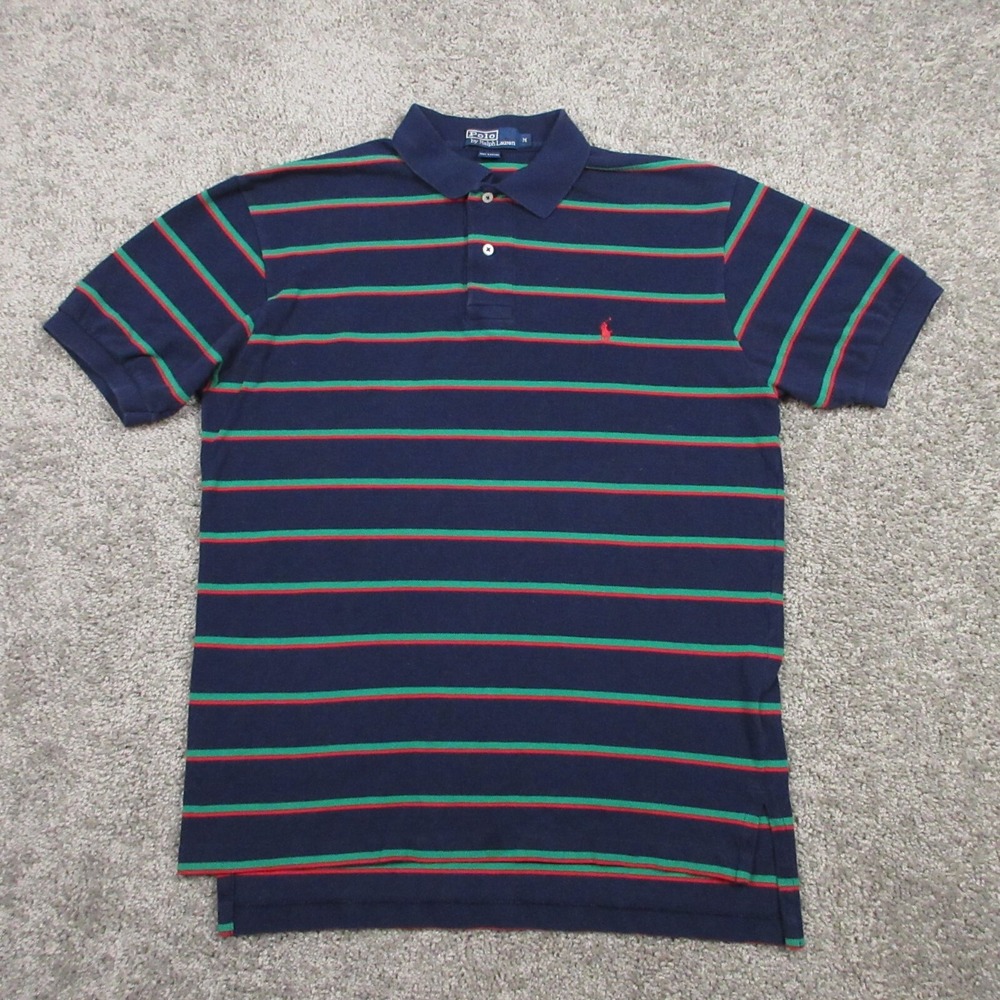 Polo Ralph Lauren Polo Shirt Mens Medium Navy Striped Red Pony Golf Rugby Adult
